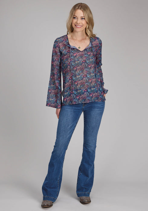 Roper Womens Gem Floral Keyhole Multi-Color 100% Cotton L/S Blouse