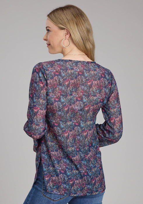 Roper Womens Gem Floral Keyhole Multi-Color 100% Cotton L/S Blouse