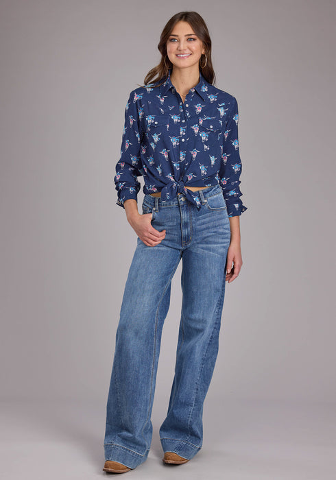 Roper Womens 2426 Skulls Western Navy 100% Rayon L/S Blouse