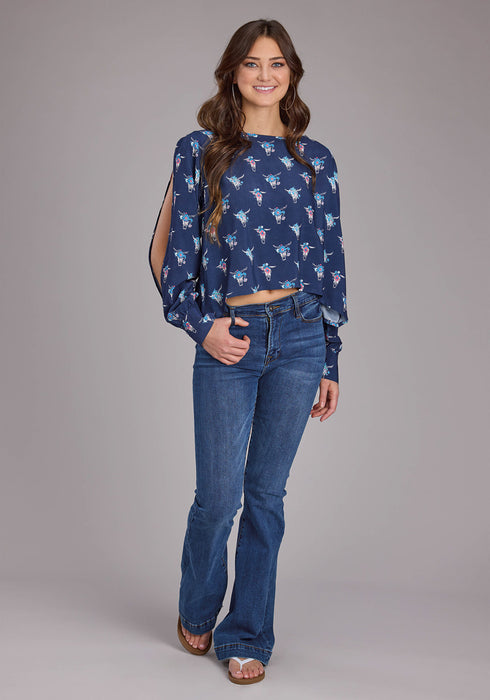 Roper Womens Cow Skulls Swing Blue 100% Rayon L/S Blouse