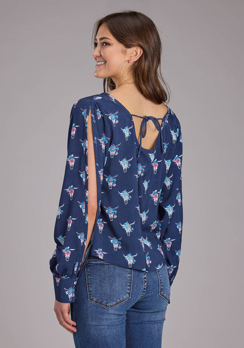 Roper Womens Cow Skulls Swing Blue 100% Rayon L/S Blouse