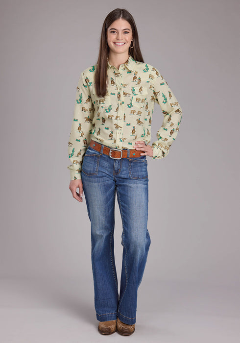 Roper Womens 2424 Printed Ropers Cream 100% Rayon L/S Shirt