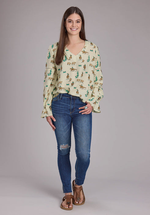 Roper Womens 2424 Printed Ropers White 100% Rayon L/S Blouse