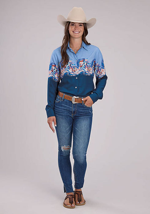 Roper Womens Barrel Racer Border Blue 100% Rayon L/S Blouse