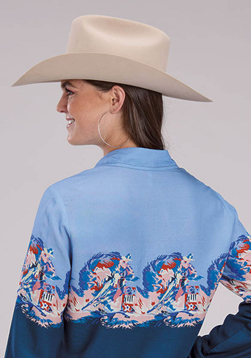 Roper Womens Barrel Racer Border Blue 100% Rayon L/S Blouse