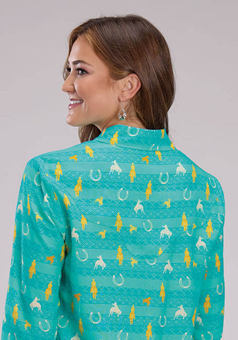 Roper Womens Vintage Aztec Print Turquoise 100% Rayon L/S Blouse