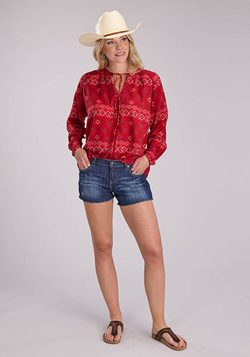 Roper Womens RWB Aztec Peasant Red 100% Rayon L/S Blouse