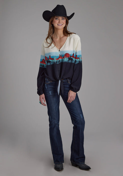 Roper Womens Western Border V-Neck Black 100% Rayon L/S Blouse