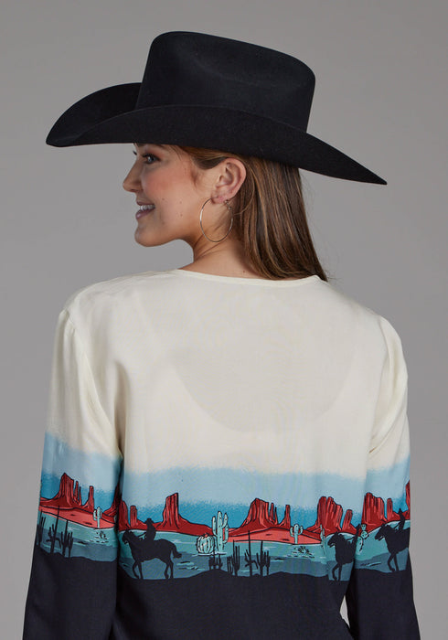 Roper Womens Western Border V-Neck Black 100% Rayon L/S Blouse