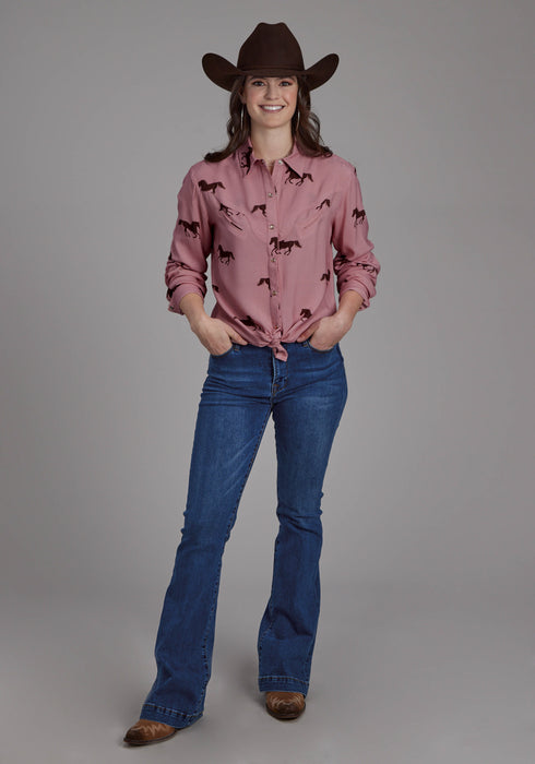 Roper Womens Wild Horses Tie Pink 100% Rayon L/S Blouse