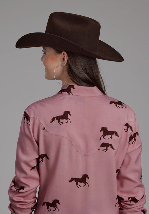 Roper Womens Wild Horses Tie Pink 100% Rayon L/S Blouse