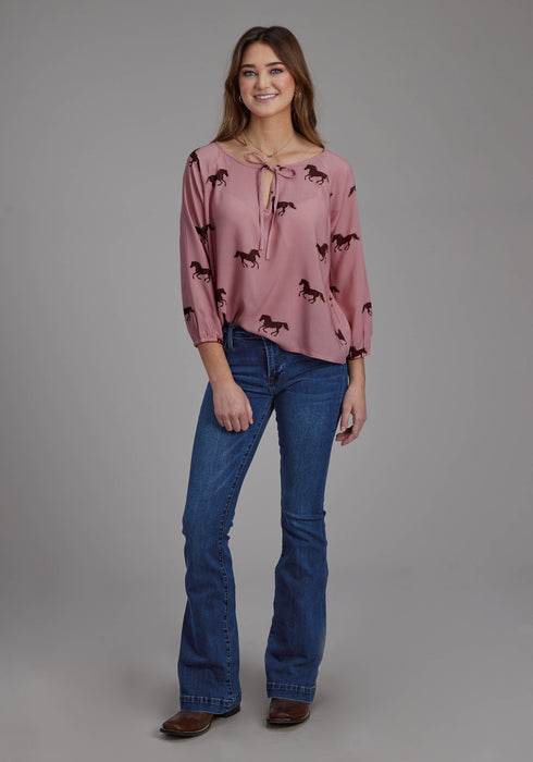 Roper Womens Wild Horses Self Tie Pink 100% Rayon L/S Blouse