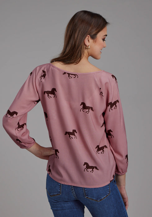 Roper Womens Wild Horses Self Tie Pink 100% Rayon L/S Blouse