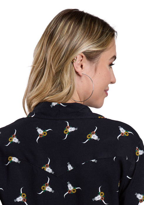 Roper Womens 2562 Skull Print Black 100% Rayon L/S Blouse