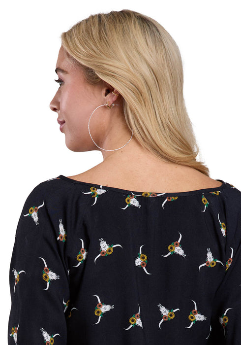 Roper Womens Skull Print Black 100% Rayon L/S Blouse