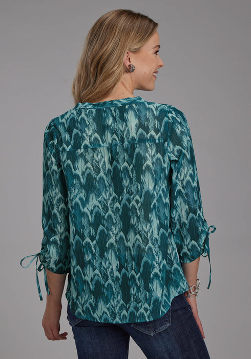 Roper Womens Feather Georgette Teal 100% Polyester 3/4 Sleeve S/S Blouse