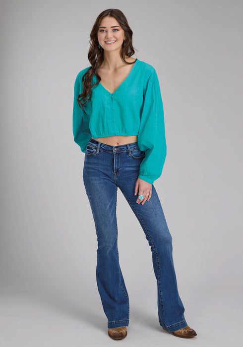 Roper Womens Cropped Seersucker Turquoise 100% Cotton L/S Blouse
