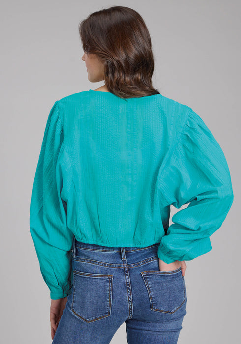 Roper Womens Cropped Seersucker Turquoise 100% Cotton L/S Blouse