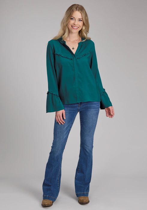 Roper Womens Ruffle Trim Challis Teal 100% Rayon L/S Blouse