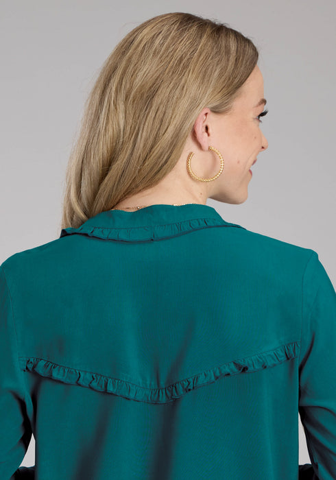 Roper Womens Ruffle Trim Challis Teal 100% Rayon L/S Blouse