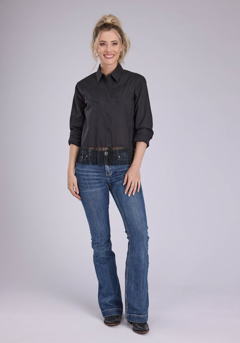 Roper Womens Fringe Cambric Western Black 100% Cotton L/S Blouse