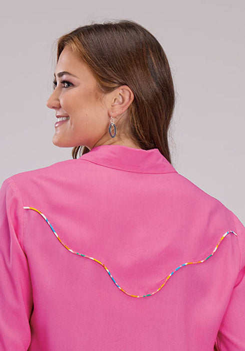 Roper Womens Multi-Color Piping Pink 100% Rayon L/S Blouse