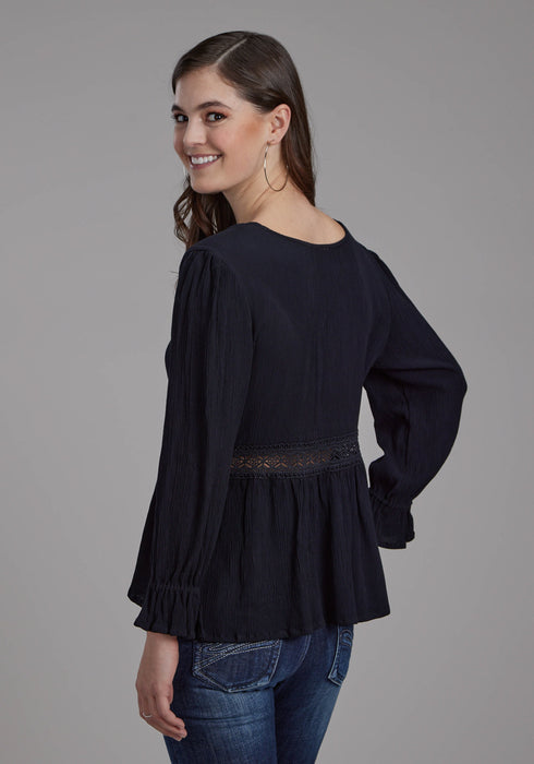 Roper Womens Lace Insert Keyhole Black 100% Rayon 3/4 Sleeve S/S Blouse