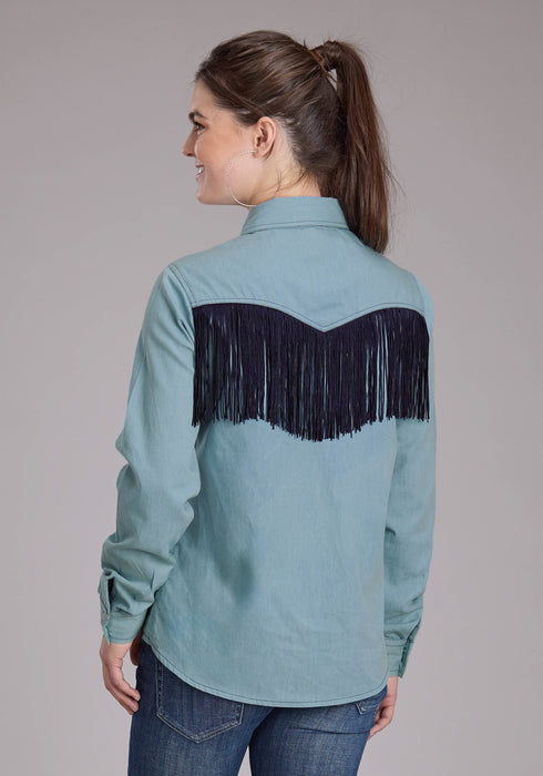Roper Womens Howdy Fringe Western Light Blue 100% Cotton L/S Blouse