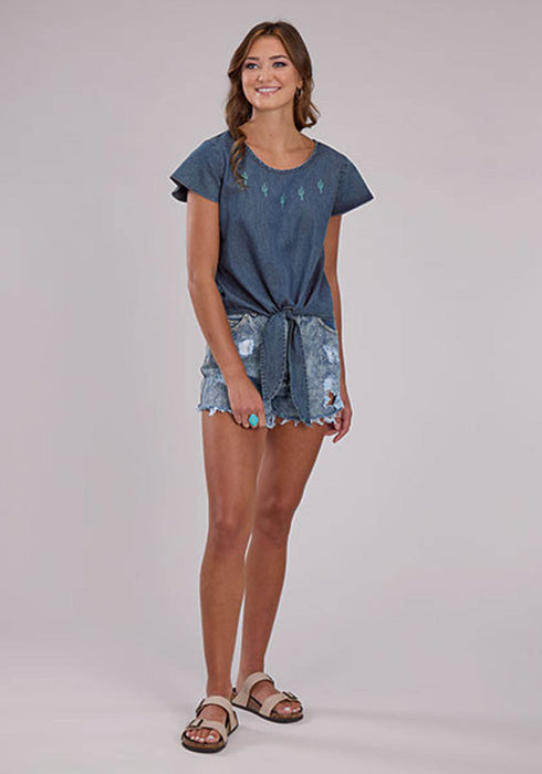 Roper Womens 2530 Flutter Sleeve Denim 100% Cotton Cactus S/S Blouse
