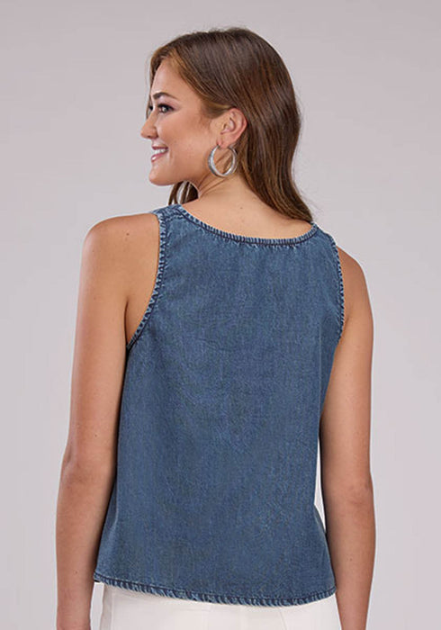 Roper Womens Belt Buckle Strap Denim Blue 100% Cotton S/L Tank Top