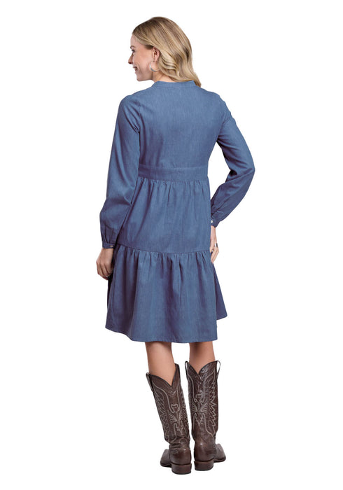 Roper Womens Two-Tier Floral Medium Blue 100% Cotton L/S Dress