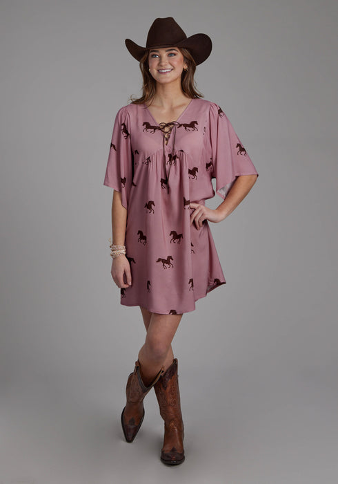Roper Womens Wild Horses Pink 100% Rayon S/S Dress
