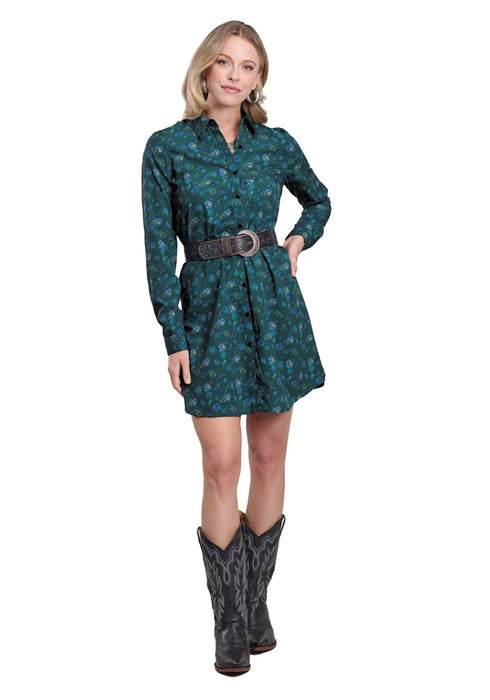 Roper Womens Faux Embroidered Print Teal 100% Polyester L/S Dress