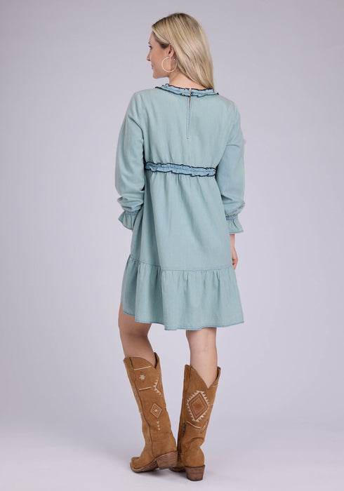 Roper Womens Denim V-Neck Light Blue 100% Cotton L/S Dress