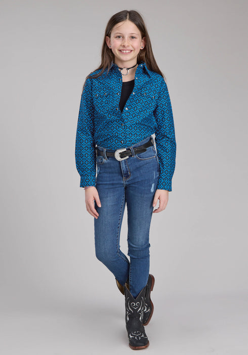 Roper Kids Girls 2181 Aztec Tile Blue 100% Cotton L/S Shirt