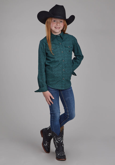 Roper Kids Girls Vintage Paisley Green 100% Cotton L/S Shirt