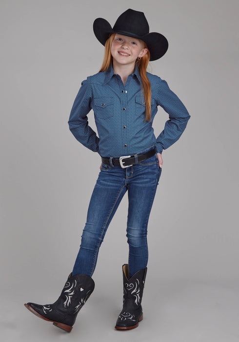 Roper Youth Girls 2163 Stretch Diamond Blue Cotton Blend L/S Shirt