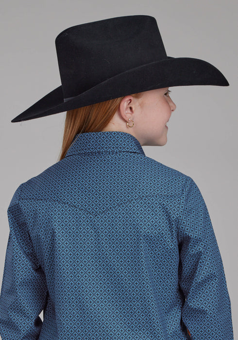 Roper Youth Girls 2163 Stretch Diamond Blue Cotton Blend L/S Shirt