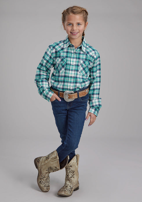 Roper Kids Girls 2206 Unlined Flannel Green 100% Cotton L/S Shirt