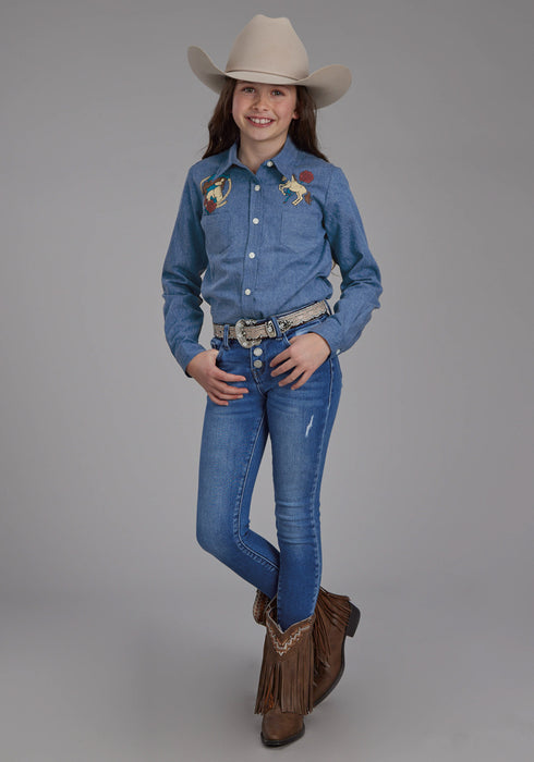 Roper Kids Girls 2274 Horse and Rose Blue 100% Cotton L/S Shirt