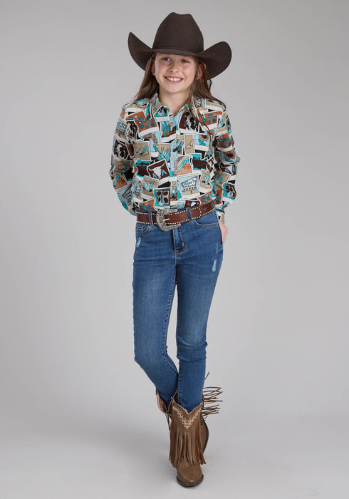 Roper Kids Girls 2224 Photo Collage Multi-Color 100% Rayon L/S Shirt