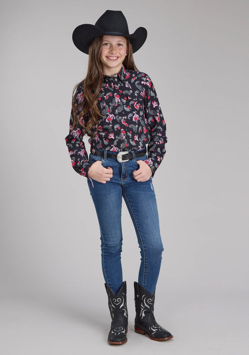 Roper Kids Girls 2225 Bronc Riders Black 100% Rayon L/S Shirt