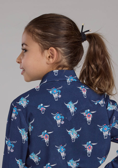 Roper Youth Girls 2426 Skulls Western Navy 100% Rayon L/S Blouse