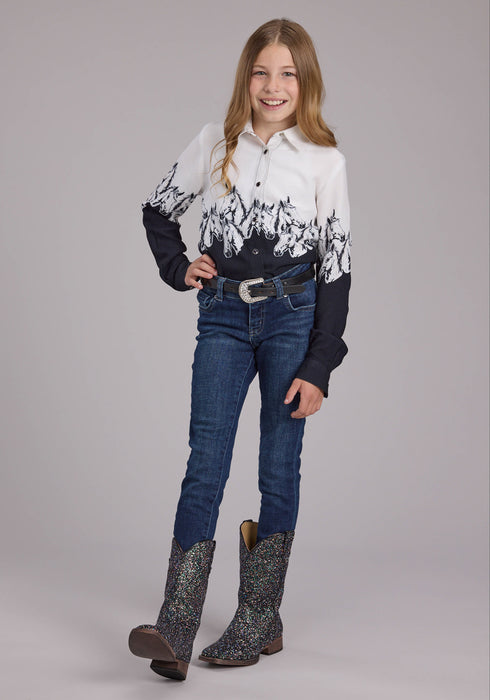 Roper Youth Girls Horses Border Print Black 100% Rayon L/S Shirt