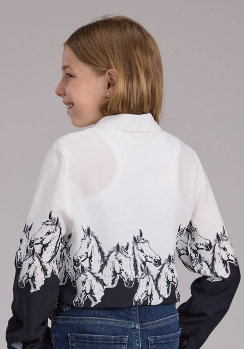 Roper Youth Girls Horses Border Print Black 100% Rayon L/S Shirt