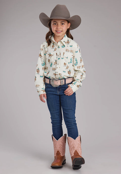 Roper Youth Girls 2424 Printed Ropers White 100% Rayon L/S Shirt