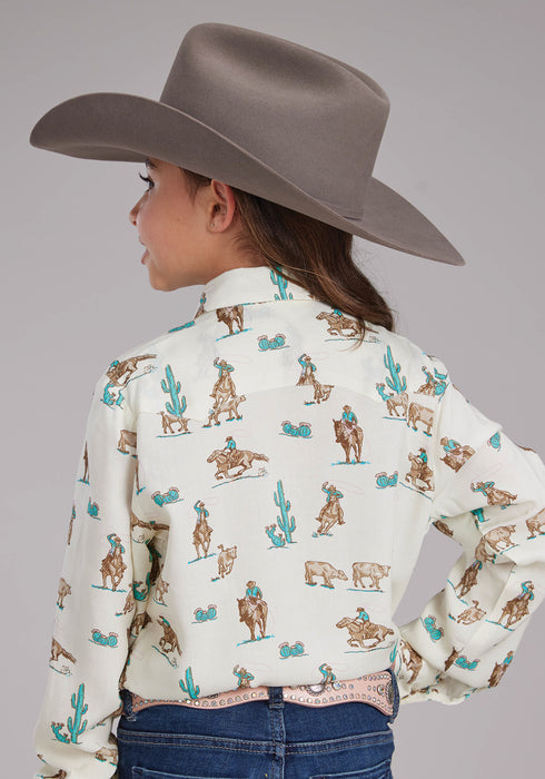 Roper Youth Girls 2424 Printed Ropers White 100% Rayon L/S Shirt