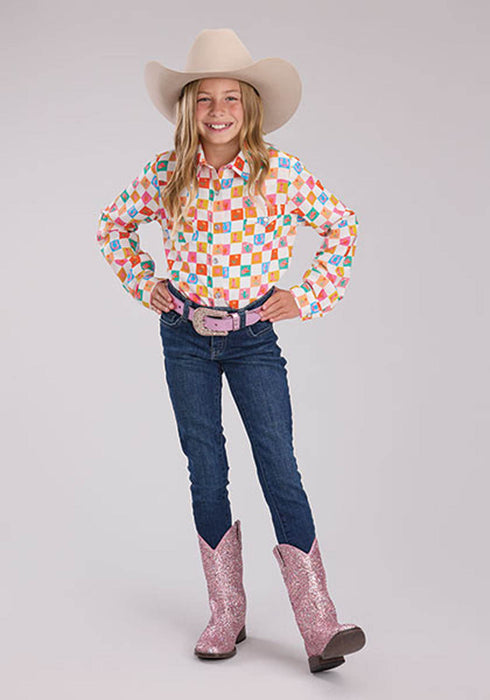 Roper Kids Girls 2526 Checkers Print Multi-Color 100% Rayon L/S Shirt