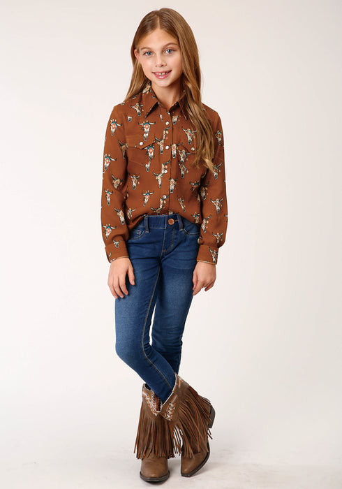 Roper Girls Kids Brown Rayon/Nylon Cowskulls L/S Blouse