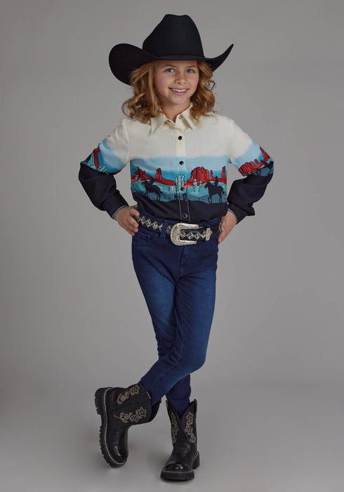Roper Kids Girls 2202 Western Border Black 100% Rayon L/S Shirt